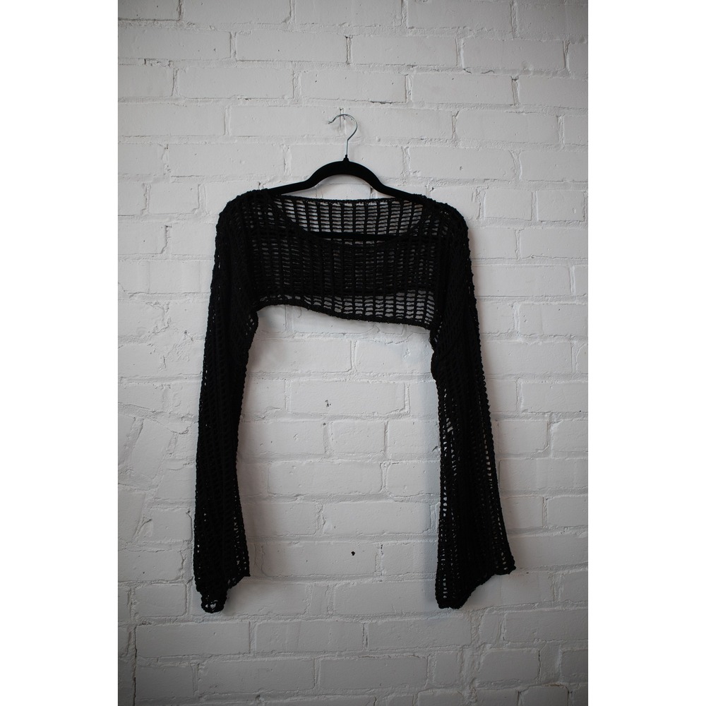 Black Open Knit Crochet Shrug Bolero Ultra Crop Long Flare Sleeve Mesh Top